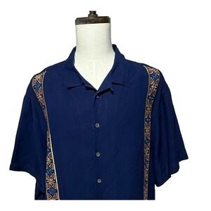 Oak Hill Shirt Mens 3XL Blue Linen Blend Embroidered Panels Button Up Beachy